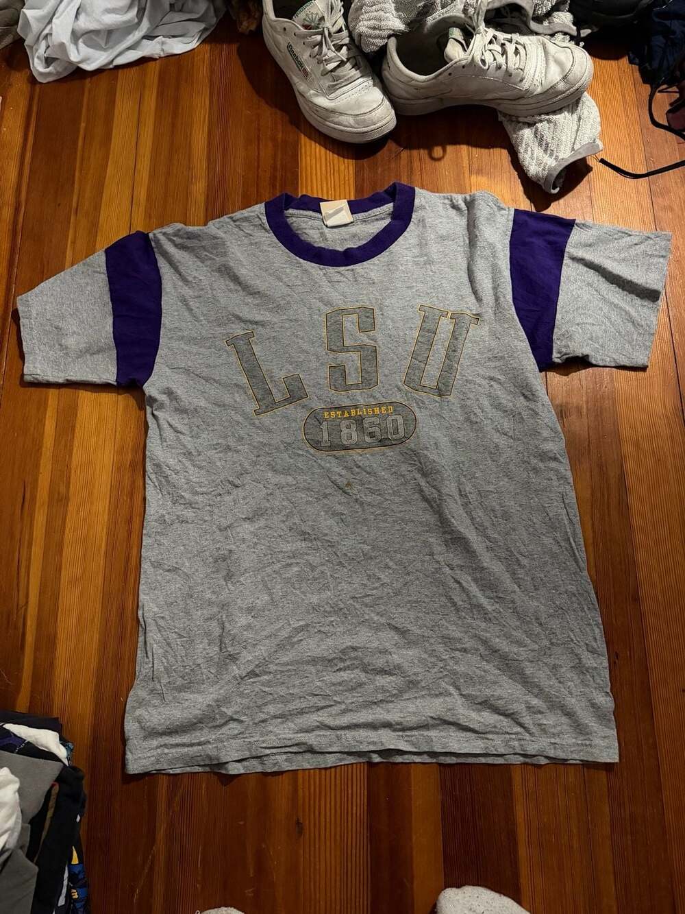 Vintage Red Oak LSU Tigers Established 1860 Gray and Purple T-Shirt